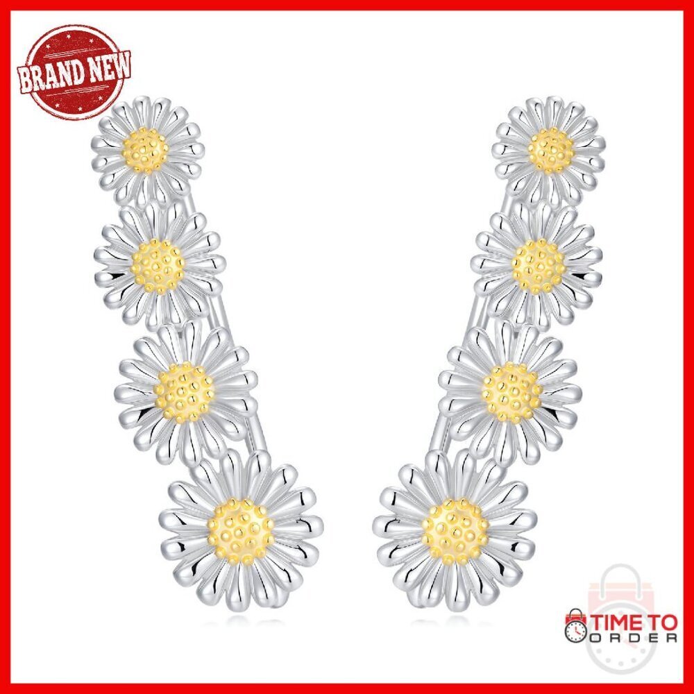 Sterling Silver Daisy Ear Climbers 24mm Drop Dangle Earrings